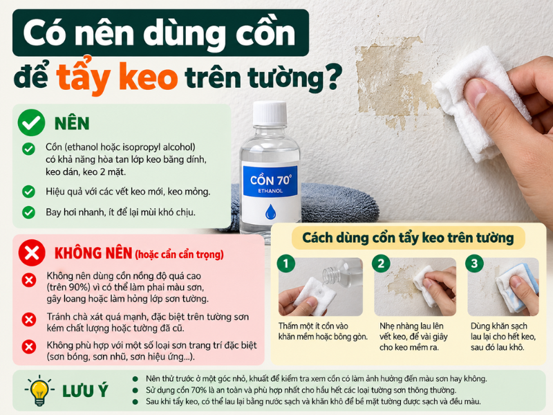 Có nên dùng cồn để tẩy keo trên tường?