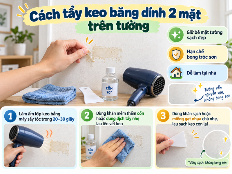 Cách tẩy keo băng dính 2 mặt trên tường